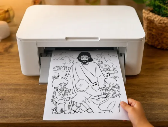 Folha de colorir de Jesus com as crianças saindo da impressora de casa, e a mão de uma criança pegando