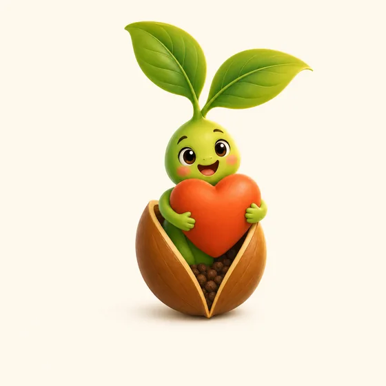O mascote da Sementinha Fiel abraçando um coração