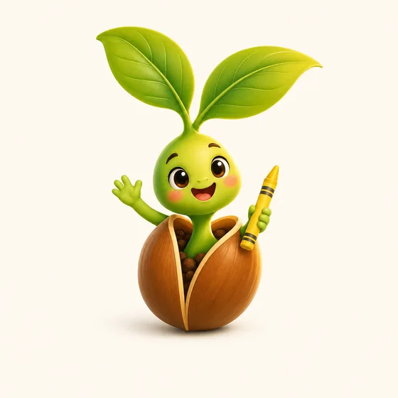 O mascote da Sementinha Fiel acenando, com um giz de cera amarelo na mão