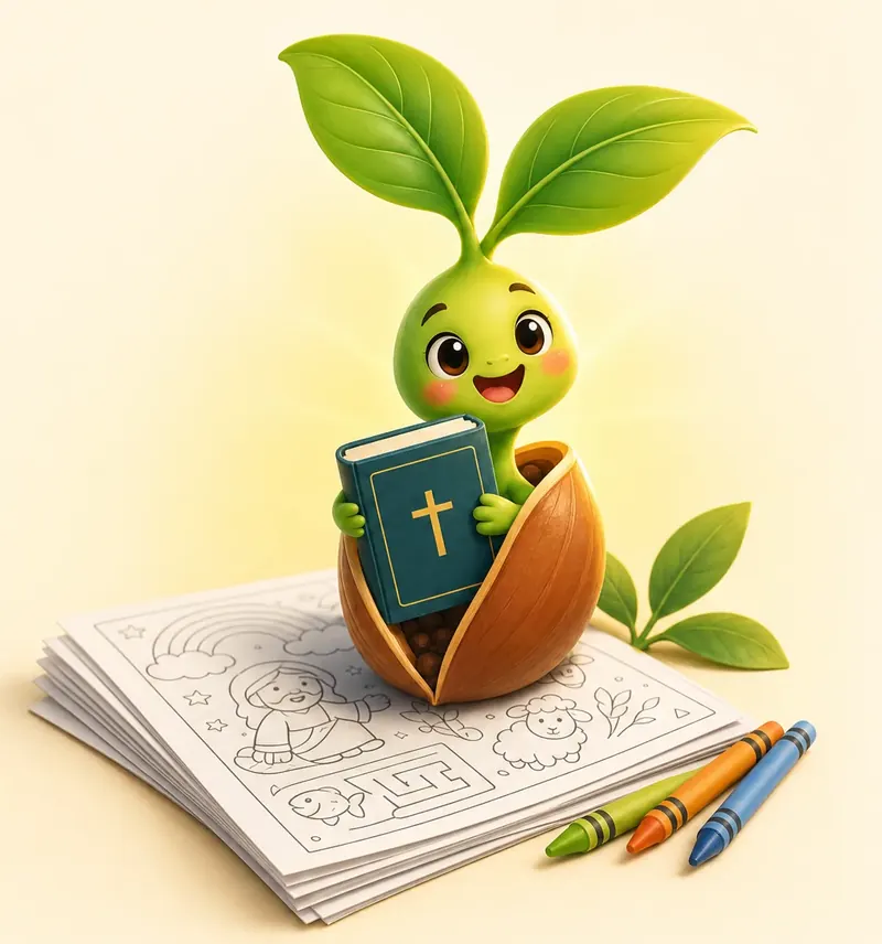 O mascote da Sementinha Fiel, um broto saindo da semente, segurando uma Bíblia em cima de folhas de colorir