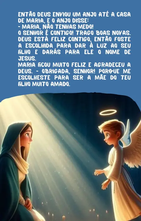 Página ilustrada: o anjo visita Maria, com o texto da história