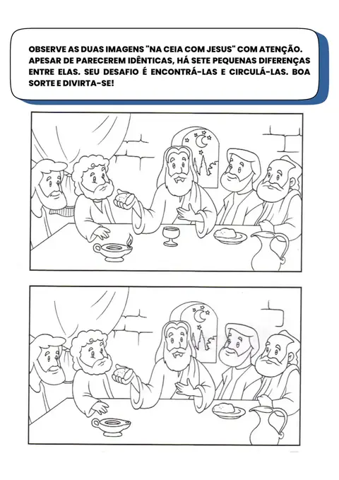 Página de jogo dos 7 erros: duas cenas da ceia com Jesus