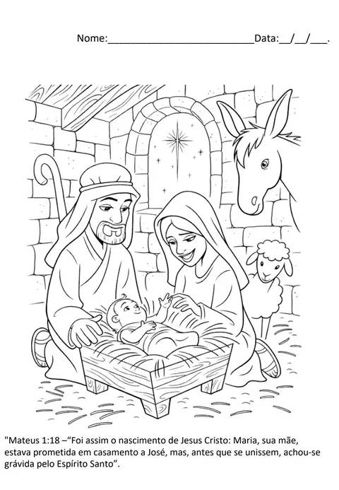 Página de colorir: o nascimento de Jesus, com Maria, José e a manjedoura