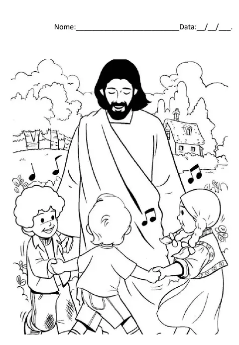 Página de colorir: Jesus brincando de roda com as crianças