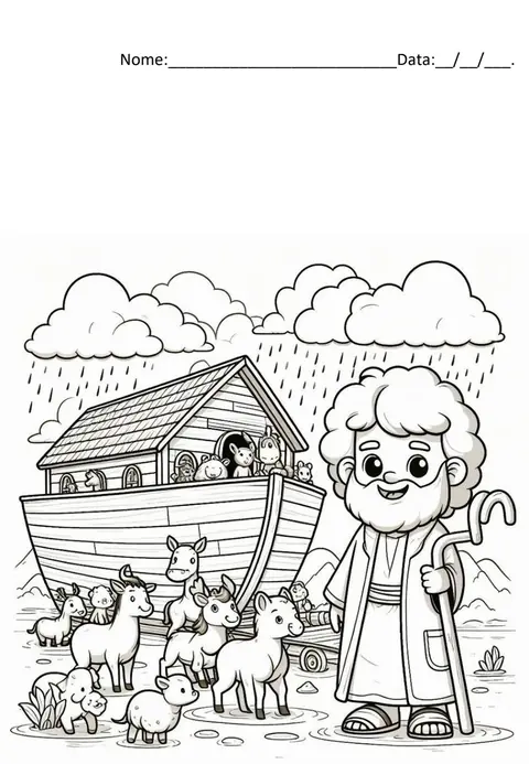 Página de colorir: Noé e os animais chegando na arca