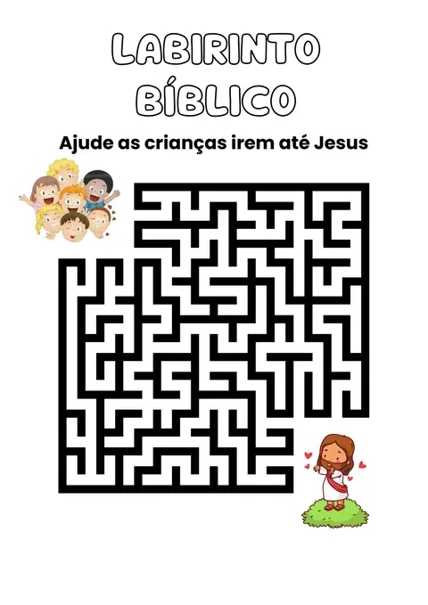 Página de labirinto: ajude as crianças a chegarem até Jesus