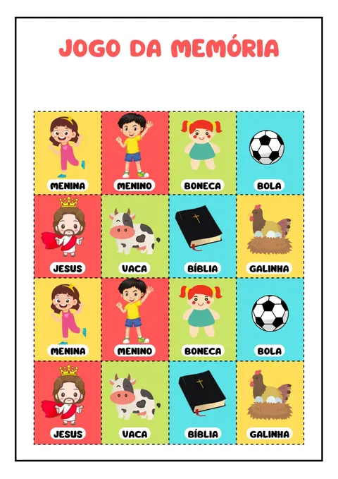 Página de jogo da memória com cartas coloridas pra recortar