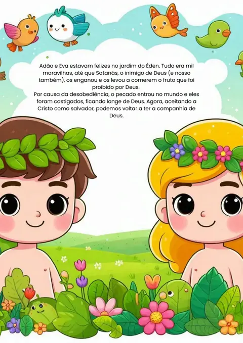 Página ilustrada: Adão e Eva no jardim do Éden, com o texto da história