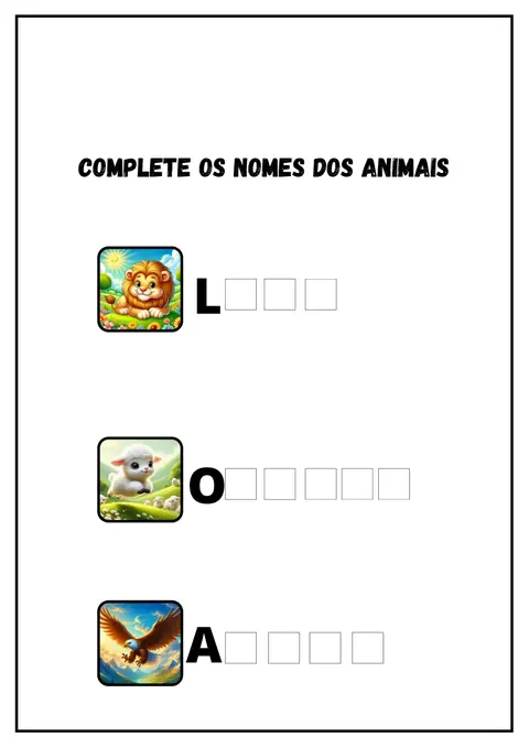 Página de complete o nome dos animais: leão, ovelha e águia